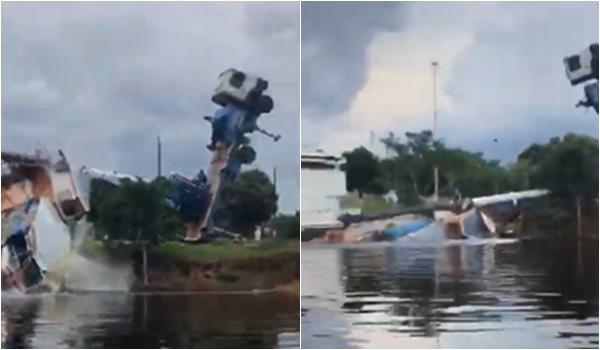 VÍDEOS: guindaste vira e derruba barco em Rondônia; motorista caiu de veículo